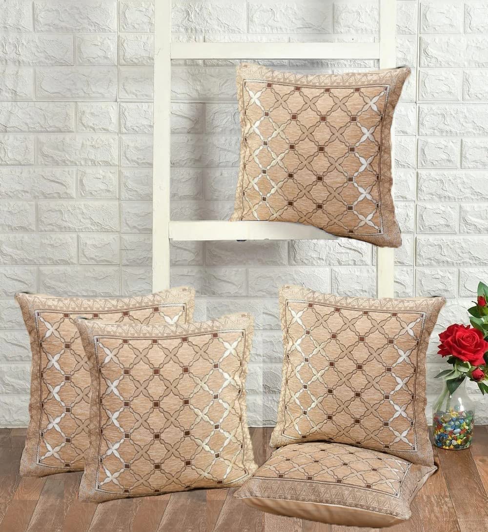 DECOMIZER Jacquard Geomteric Cushion Covers 16 Inch X 16 Inch Set Of 5 Ethnic Motifs Cushion Covers,Design- Criss-Cross,Color- Beige, 240 TC