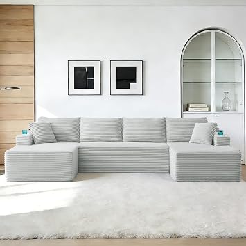 GNIXUU 133.5" Corduroy Boneless Sectional Couches for Living Room, Oversized Memory Foam U Shaped Cloud Modular Sofa with Deep Seat, Cup Holders & Storage Pocket, No Assembly Required, Light Grey