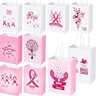 100 Pieces Breast Cancer Awareness Gift Bags with Handle Pink Ribbon Paper Party Favors Bags Goodie Candy Treat Bags for Breast Cancer Awareness Party Decorations Supplies