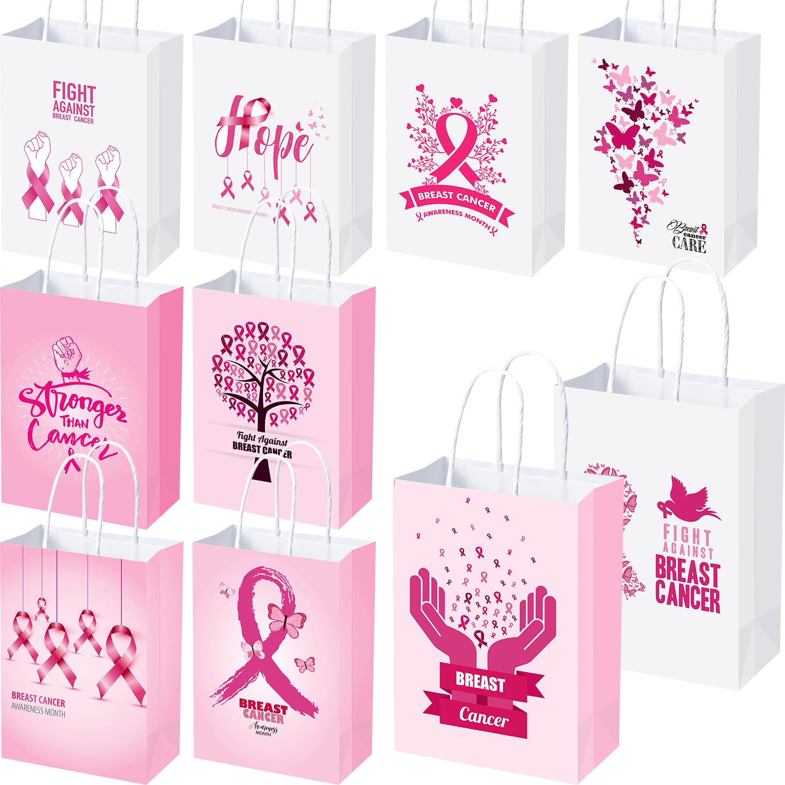 Photo 1 of Abbylike 100 Pieces Breast Cancer Awareness Gift Bags with Handle Pink Ribbon Paper Party Favors Bags Goodie Candy Treat Bags for Breast Cancer Awareness Party Decorations Supplies
