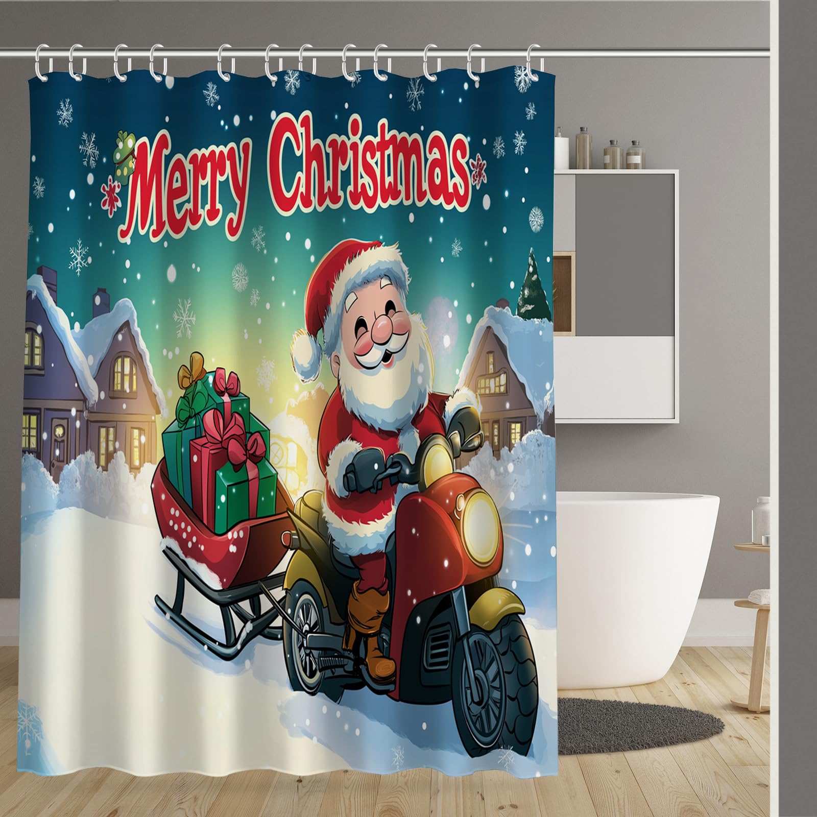 Rideau de douche imperméable en polyester déco Père Noël pour cadeau de fêtes