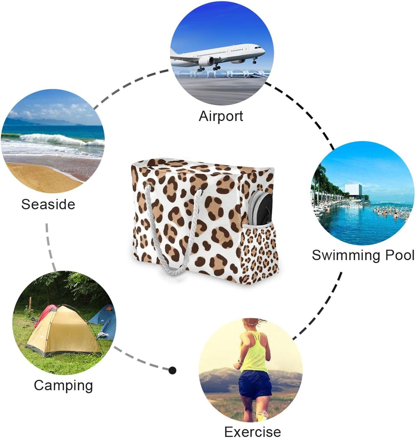 OTVEE Brown Leopard Pattern Beach Bags for Women Ladies Large Canvas Tote Shoulder Bag Waterproof Travel Bags for Gym Swim Pool Camping