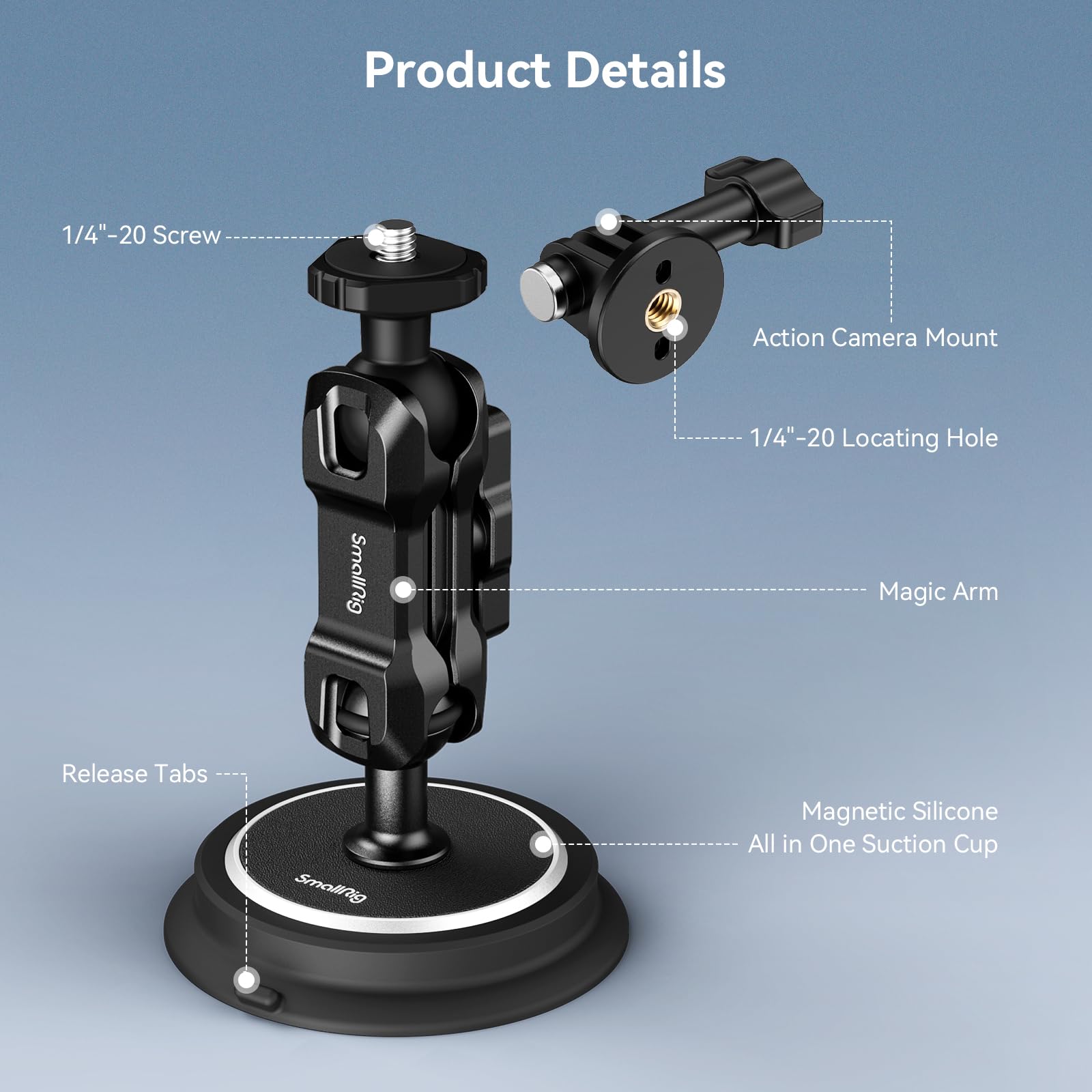 SMALLRIG Magnetic Suction Cup Mount 2-w-1 Magnetyczny Uchwyt na Przyssawkę dla Gopro, Uchwyt Samochodowy do Kamery Sportowej na Zewnątrz, z Głowicą Kulową Magic Arm - 4466