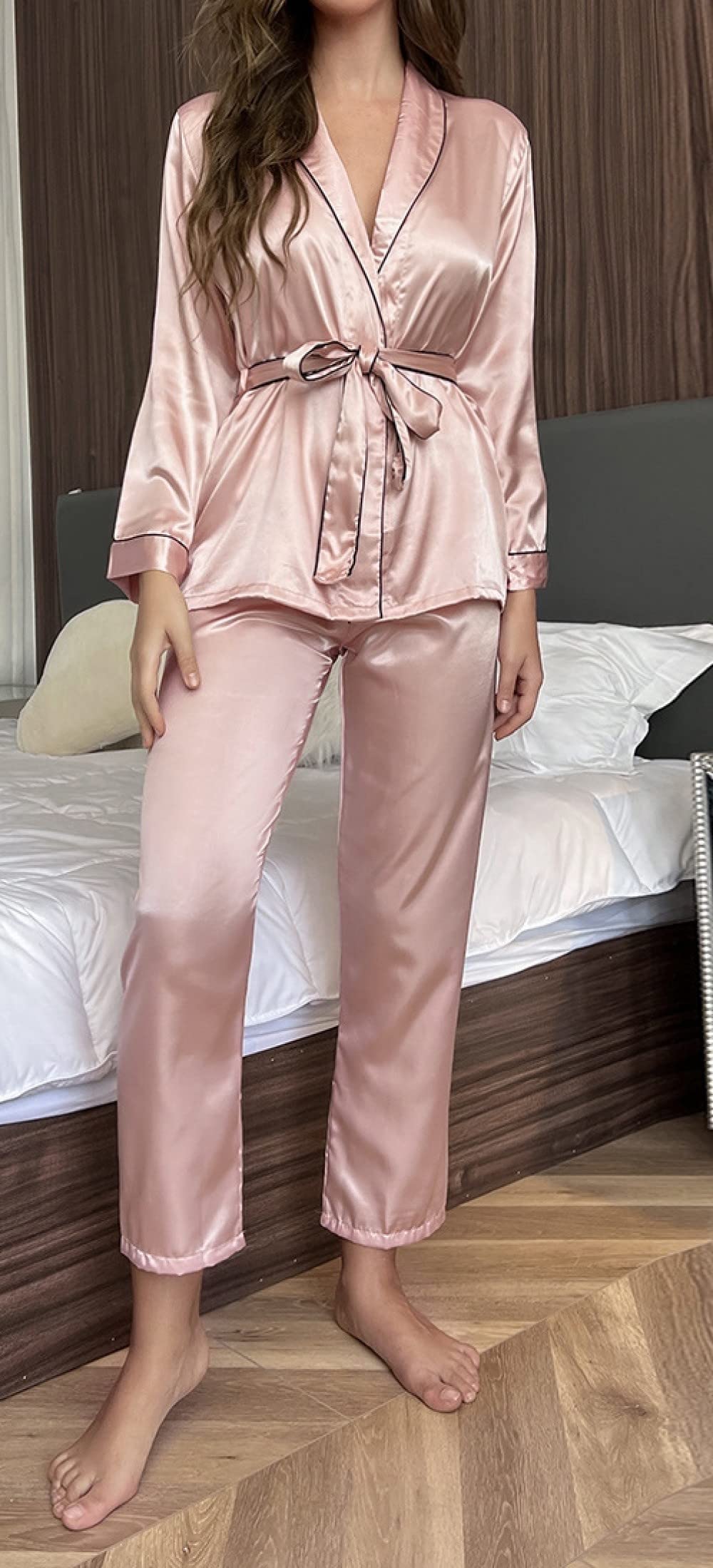 Ensembles De Pyjama Femme,Rose Revers Cravate Taille Femmes Polyester Pyjama Ensemble Femmes Doux Élégant À Manches Longues Pyjama Deux Pièces Ensemble Festival Cadeau pour Soeurs Femme Pet