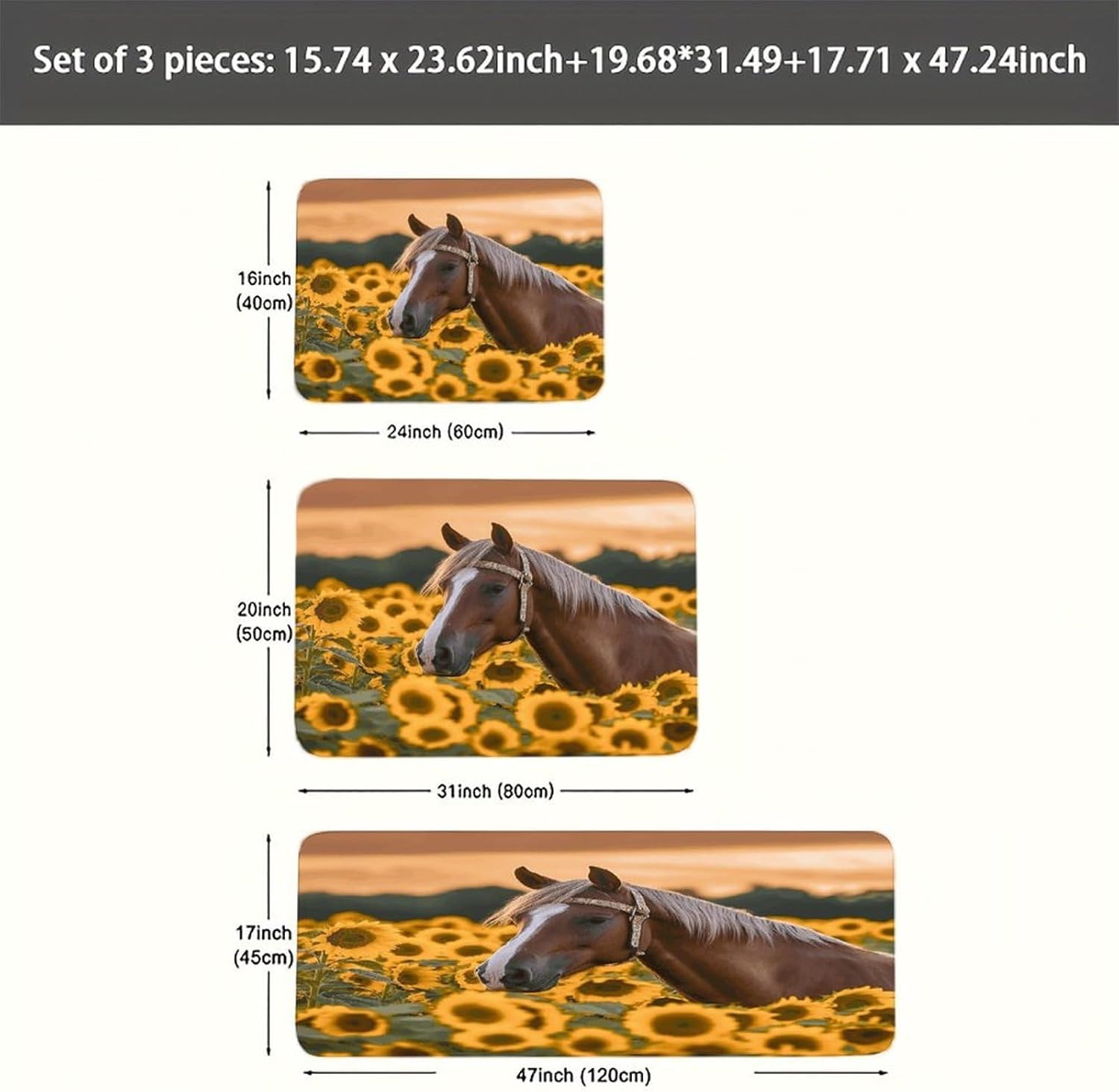 Yellow Sunflower Horse Kitchen Rugs Sets of 3 Washable Non Slip Kitchen Rug Water Resistant Carpet Piece Anti Fatigue Kitchen Mats Soft Comfort Standing Mat Modern Area Rug