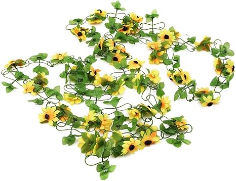 Amazon 2個造花ひまわりつる偽花ツタの葉ガーランド植物ホームガーデンデコレーション 造花 オンライン通販