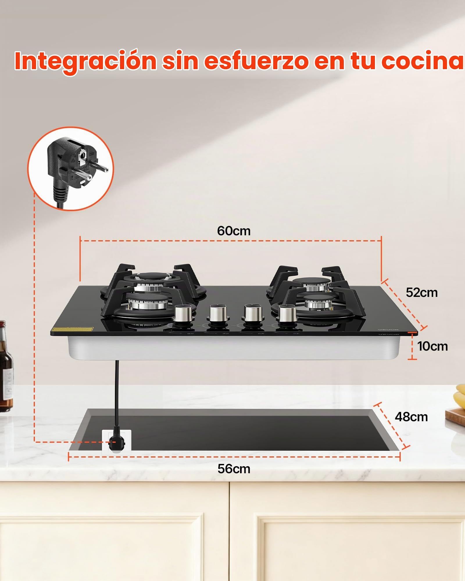 VEVOR Placa de Gas con 4 Fuegos 560 x 480 mm, Placa de Cocción de Gas Máx. 7,8 kW, Placa de Vidrio Templado Integrada, Convertible a GLP, GN, con Protección de Termopar para Sellar, Guisar, Hervir