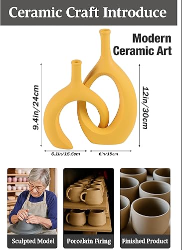 Miniatura 2 de WUBIANJIE Jarrón de cerámica amarilla, decoración bohemia moderna, amarillo mostaza, redondo, base antideslizante, perfecto para sala de estar