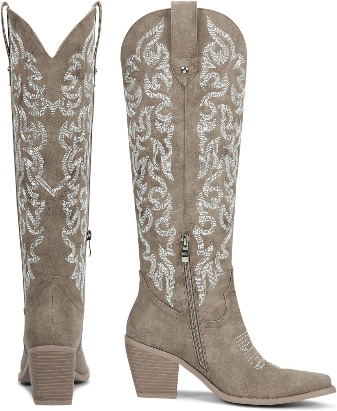 wetkiss Women's Knee High Cowboy Boots - Western Cowgirl Boots with Embroidered Pointed Toe, PU Leather, Chunky Heel, Pull On Tall Boots - Image 5