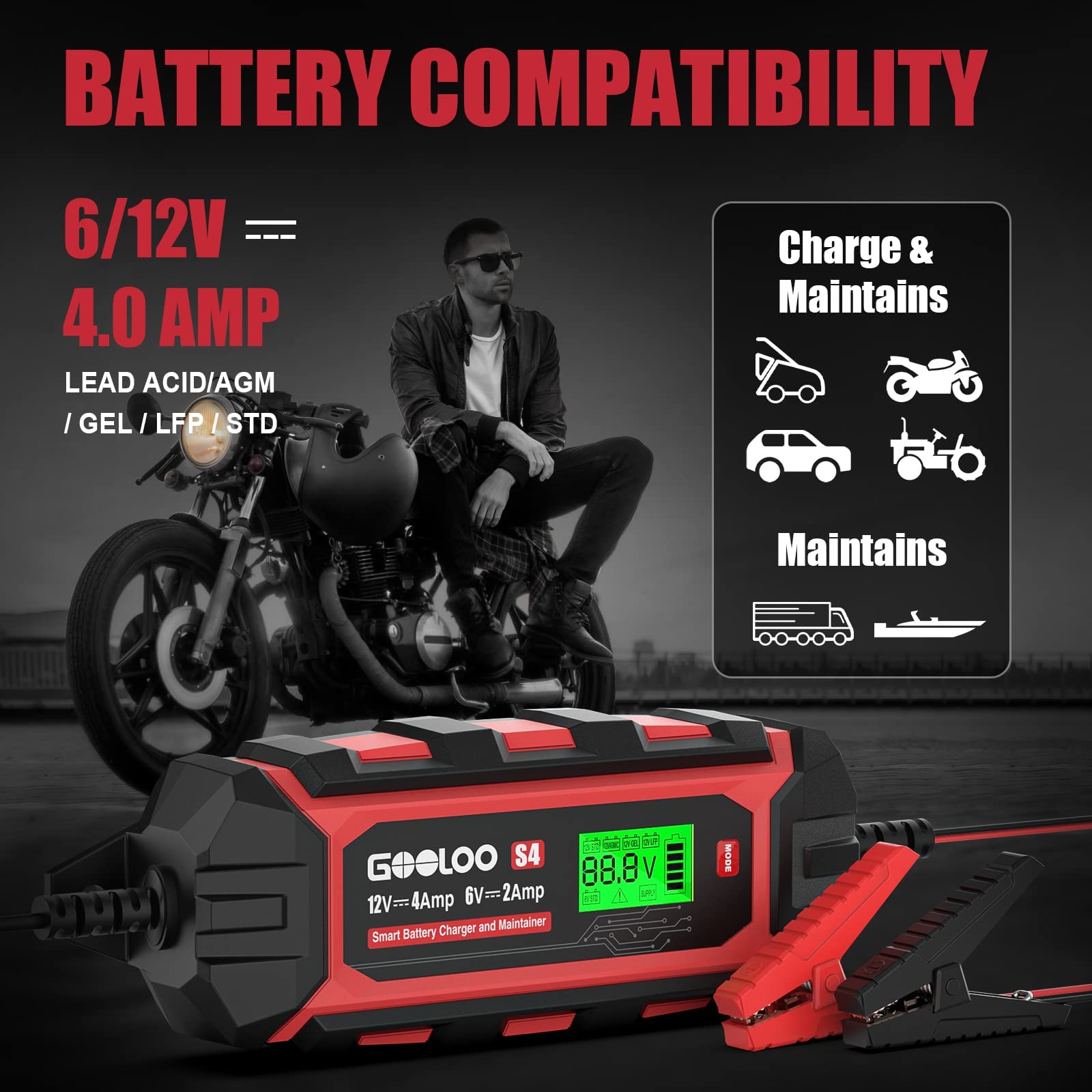 Buy GOOLOO 4Amp Car Battery Charger Automotive, 6V and 12V Battery
