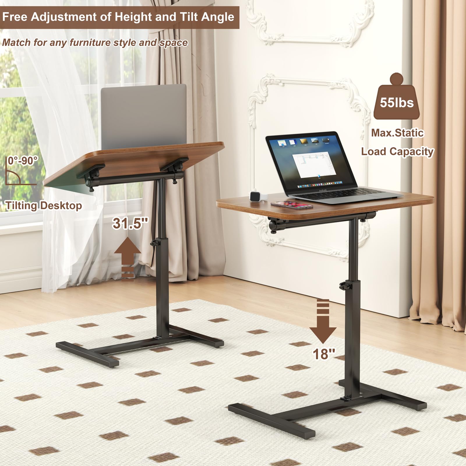 Mesa Auxiliar Con Ruedas Y Altura Regulable - Forma De C, 45-80 Cm, Para Sofá O Cama, Color Mármol Blanco
