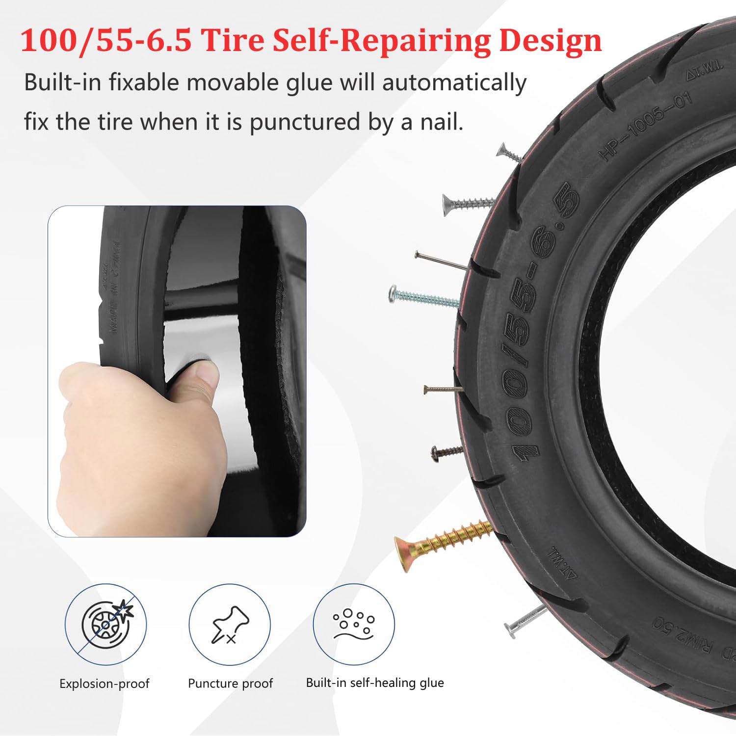 11" 100/55-6.5 Neumático tubeless autoinflable, más ancho y grueso, para scooter eléctrico, delantero y trasero, con pegamento autorreparable y a prueba de explosiones