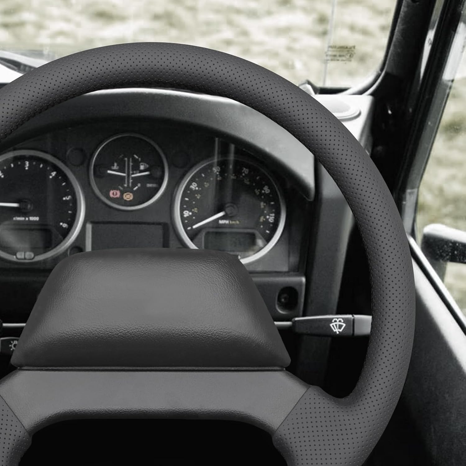 MEWANT Hand Sewing Black Leather Steering Wheel Cover for Land Rover Defender 2013-2018