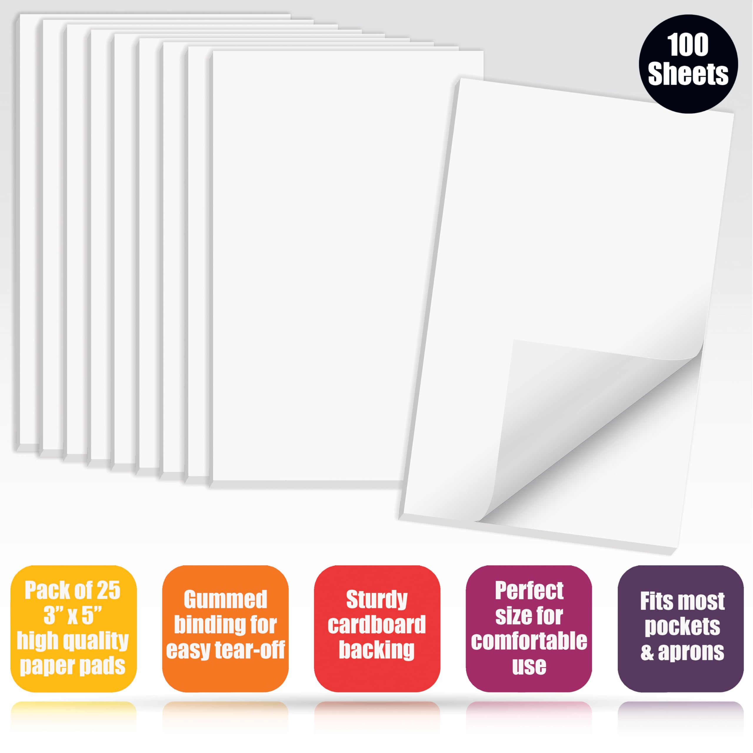 Better Office Products Blank Scratch Note Pads, 3" x 5", Server Notepads, 100 Sheets per Pad, Memo Pads, Gummed Binding for Easy Tear-off (25 Pack)