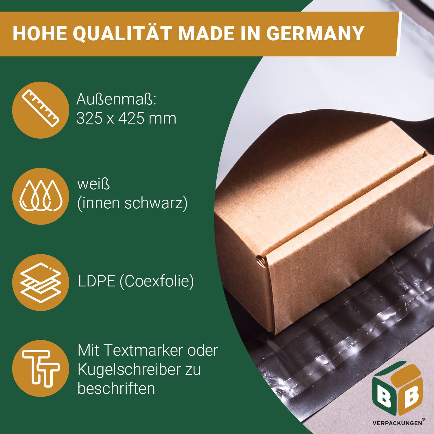 BB-Verpackungen 500x Folienversandtaschen Weiß 325 x 425 mm LDPE-Coexfolie (500 Stück) | reißfest, wasserundurchlässig und selbsklebender Sicherheitsverschluss