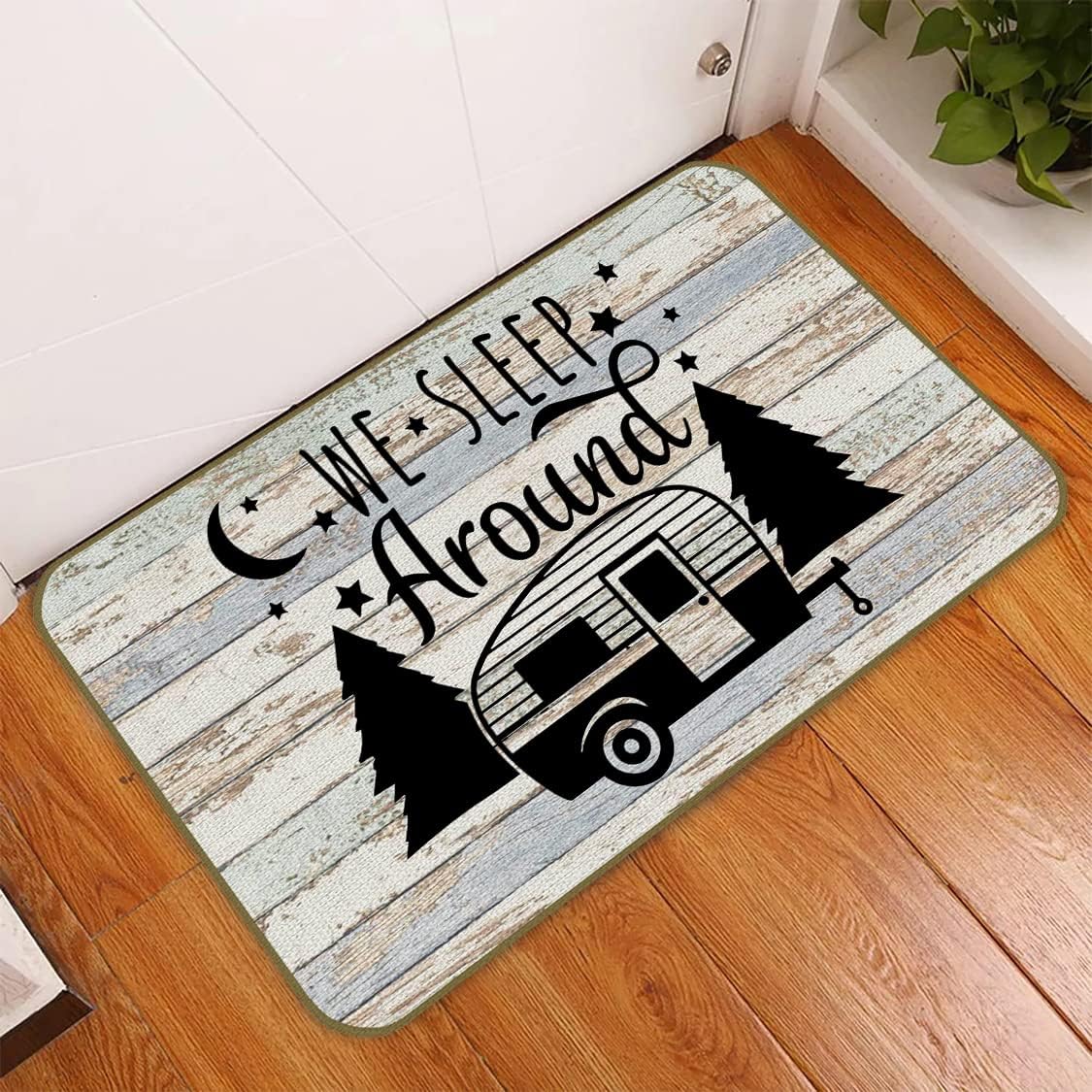 UINHMOP 17''×30''We Sleep Around Decorative Doormat,Funny Camping Floor Mats, Farmhouse Decor for Home Front Door Porch Outdoor Indoor Campsite Trailer RV,Camping Lovers Campers Gift