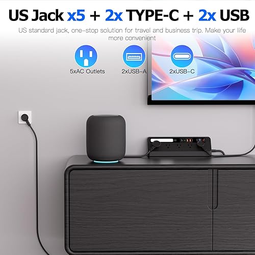 Miniatura 6 de PD - Cable de extensión de escritorio con ranuras USB, 35 W + PD 20 W, estación de alimentación de carga rápida con luz nocturna, enchufe de 5 vías,