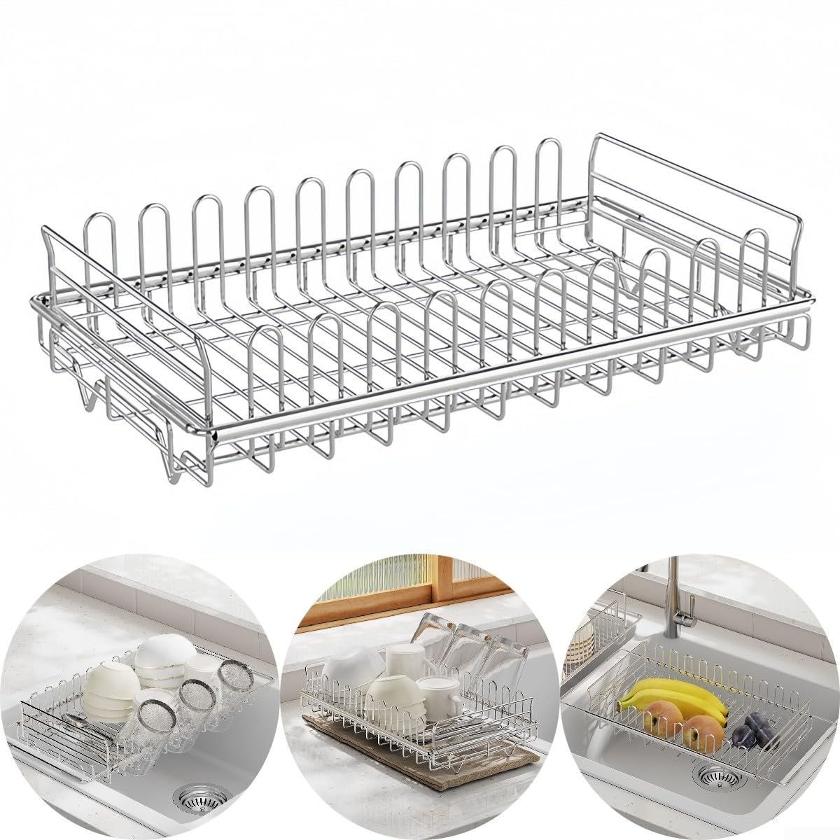 Égouttoir à vaisselle extensible en acier inoxydable avec porte-gobelets pour la cuisine, résistant à la rouille et économise de l'espace pour les petites cuisines et appartements