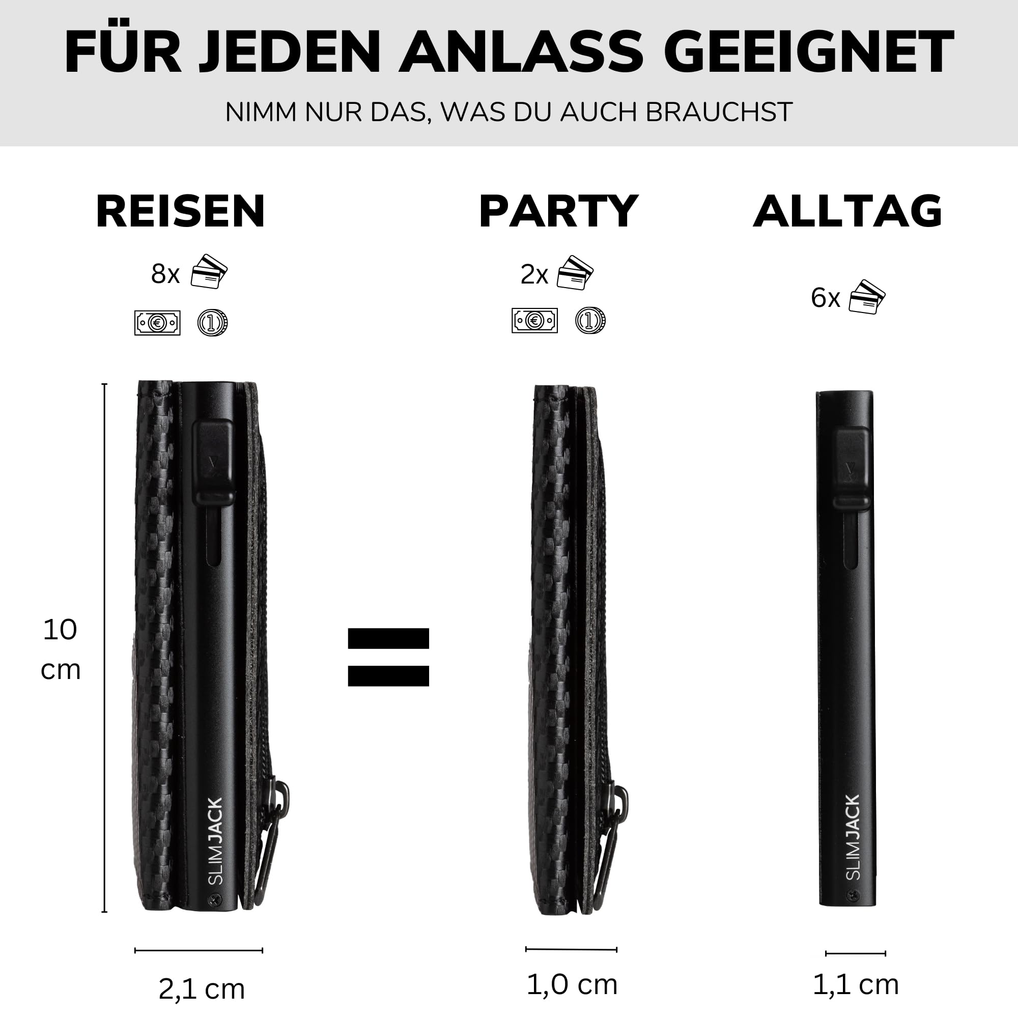 SLIMJACK 2-in-1 Wallet mit Münzfach - Magnetisches RFID Kartenetui & Geldbörse - Abnehmbares Slim-Wallet aus Aluminium - RFID-Schutz Portmonee - Smart Wallet für Karten & Münzen (Carbon)