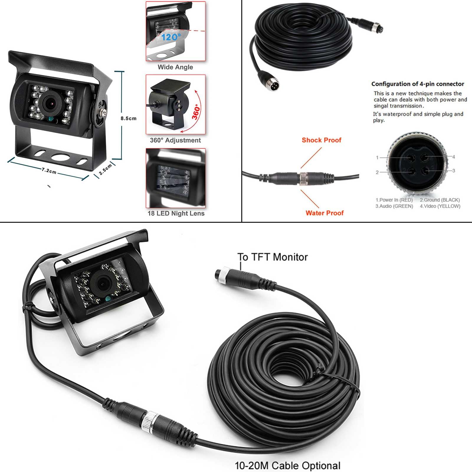 Camion Semirimorchio 9V-36V 9 "4-Split Monitor Schermo Kit telecamera di retromarcia | Telecamera posteriore impermeabile per visione notturna, 18 LED, con monitor a 4 canali, per autobus, roulotte, camper