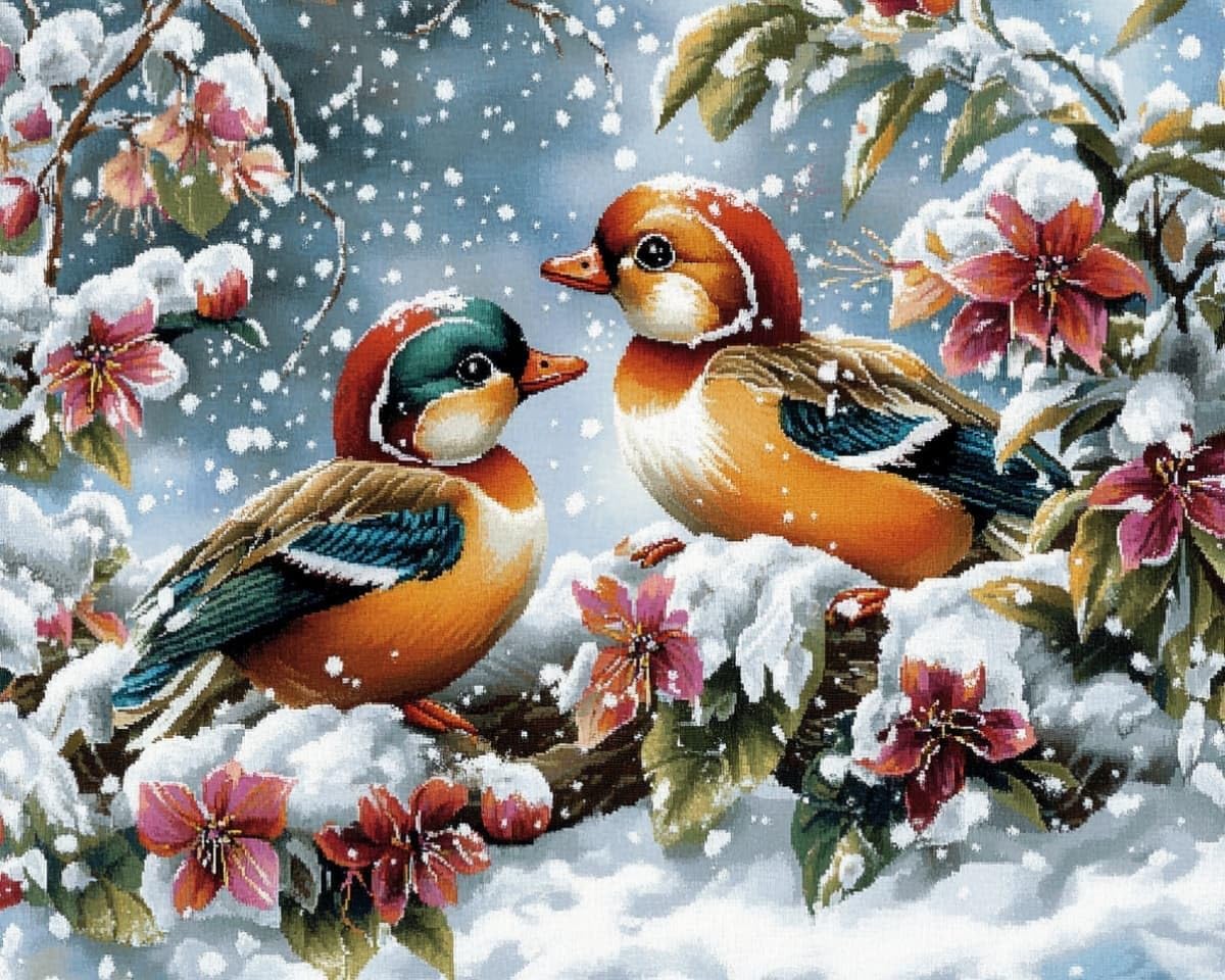 AxiangziK Stamped Cross Stitch Kits 12x16in,Ducks and Flowers in the Snow Pre-Printed 11CT Fabric DIY Art Embroidery Kits Needlework Crafts,Home Wall Decor Gift for Adults Kids