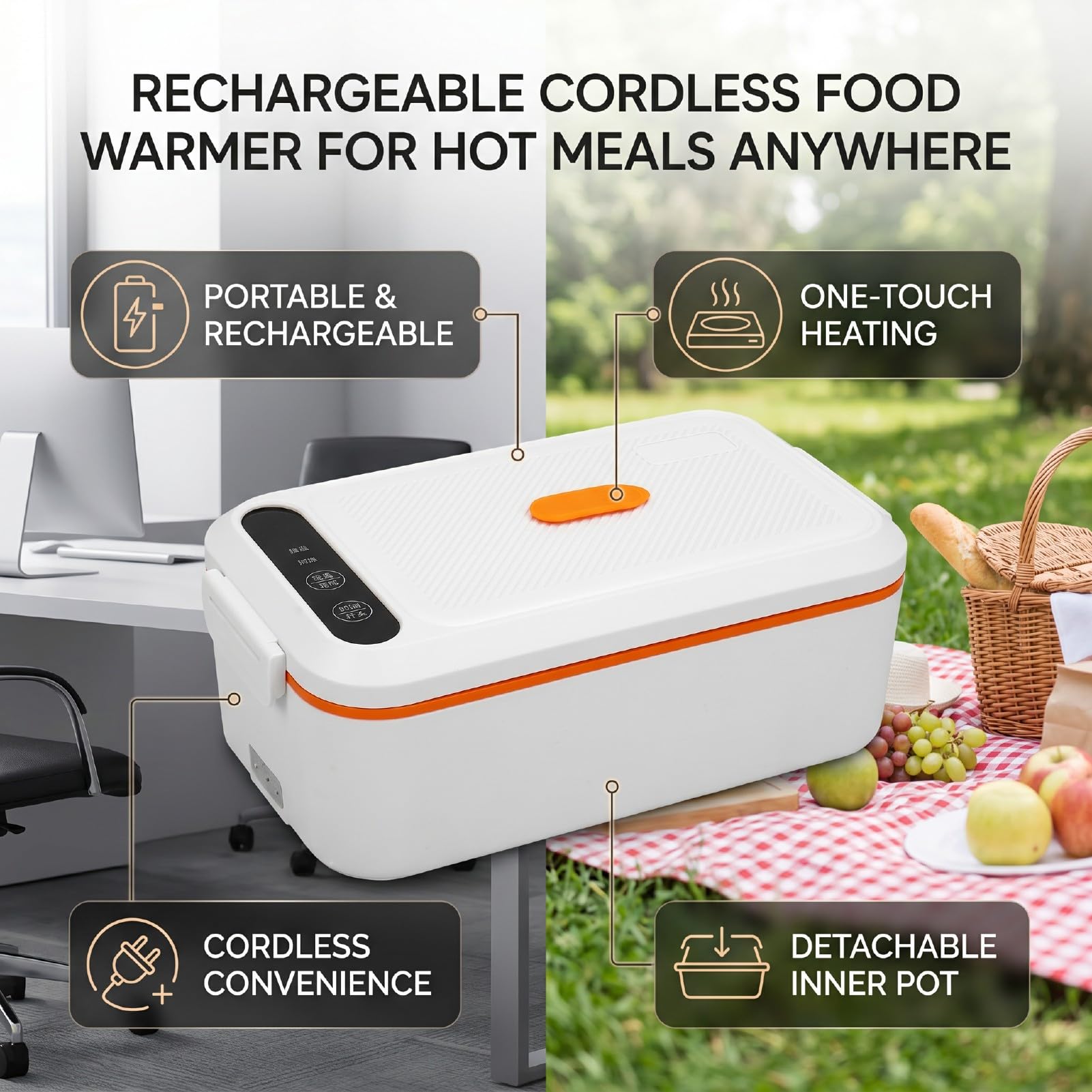 Lunch Box Elettrico, Scaldavivande Portatile Ricaricabile Autoriscaldante Contenitore per Pranzo Riscaldato in Acciaio Inossidabile per Campeggio in Auto da Ufficio