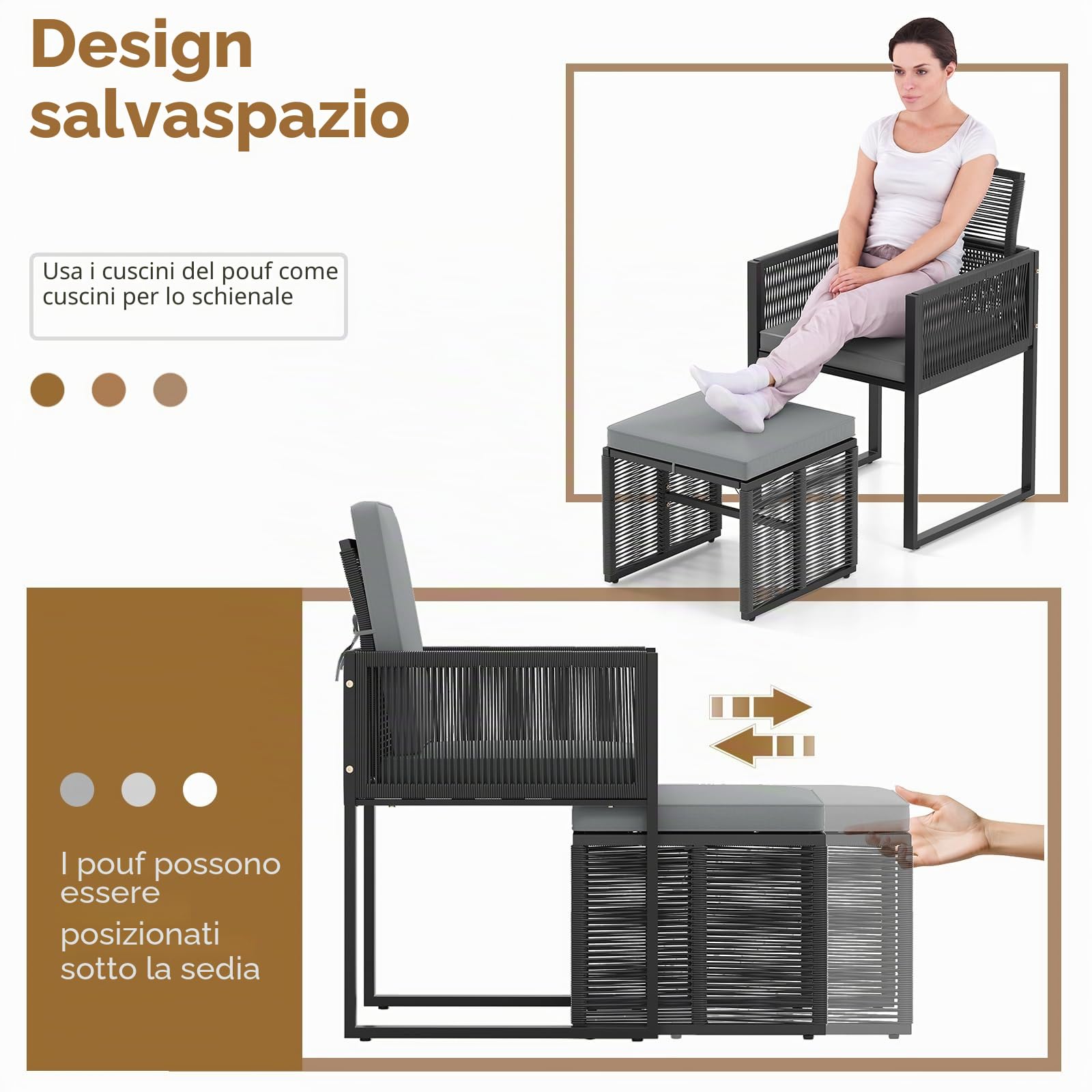 GIANTEX Set di Mobili da Giardino in Rattan per 2-4 Persone, Tavolo da Giardino con Piano in Legno e 2 Sedie (Capacità 180 kg), 2 Sgabelli, 4 Cuscini Rimuovibili, Arredamento da Giardino per Patio