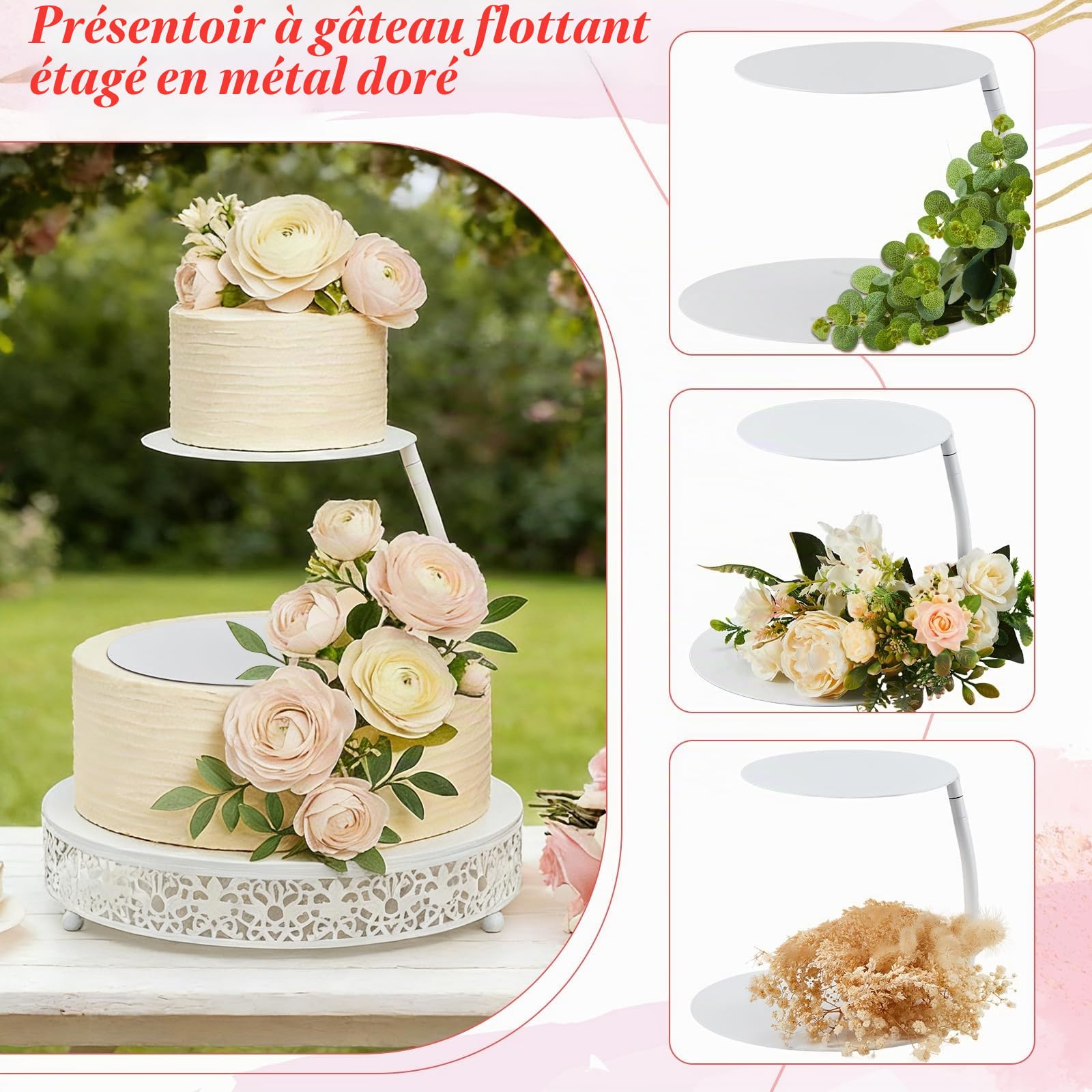 LemonRoad Lot de 2 séparateurs de gâteaux flottants blancs de 6, 8 et 12 niveaux - Présentoir rond pour gâteau de mariage, dessert - Décoration de table (classique)