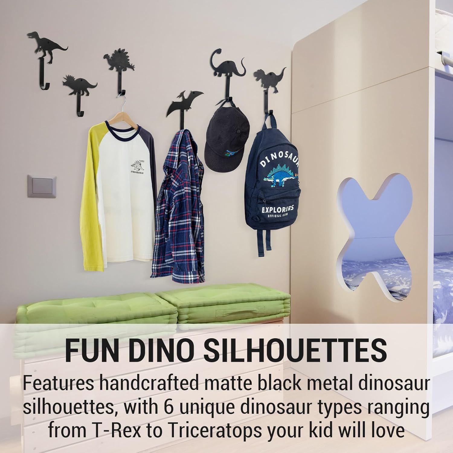 MyGift Wall Mounted Matte Black Metal Dinosaur Silhouette Hanger Hooks, Hanging Holder for Kids Bathroom Towel Toddler Boys Nursery Coat Hat Rack, 6 Piece Set - Handcrafted in India