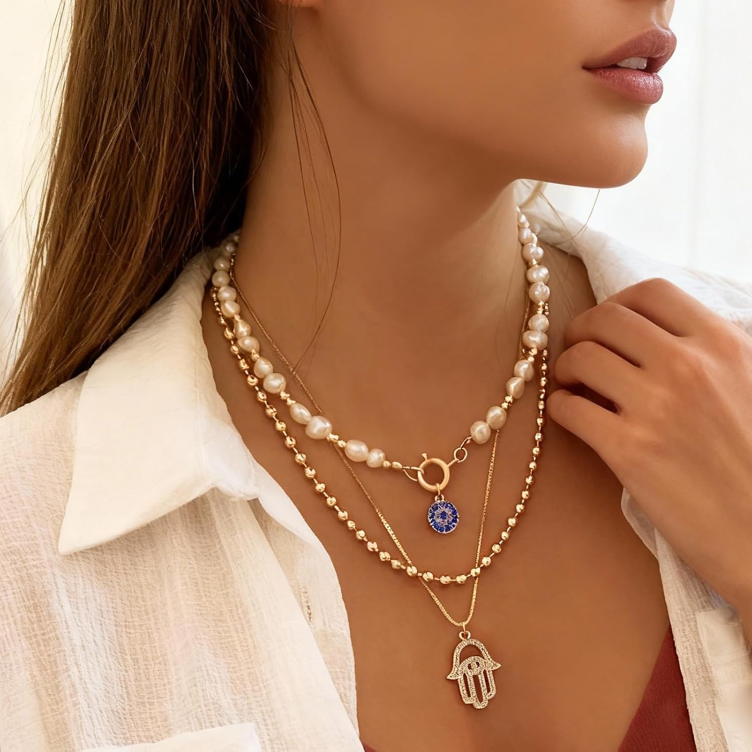 Layered Evil Eye Necklace for Women Sun Pearl Beaded Rhinestone Gold Chain Pendant, Statement Elegant Jewelry for Daily Party Dress - Image 4