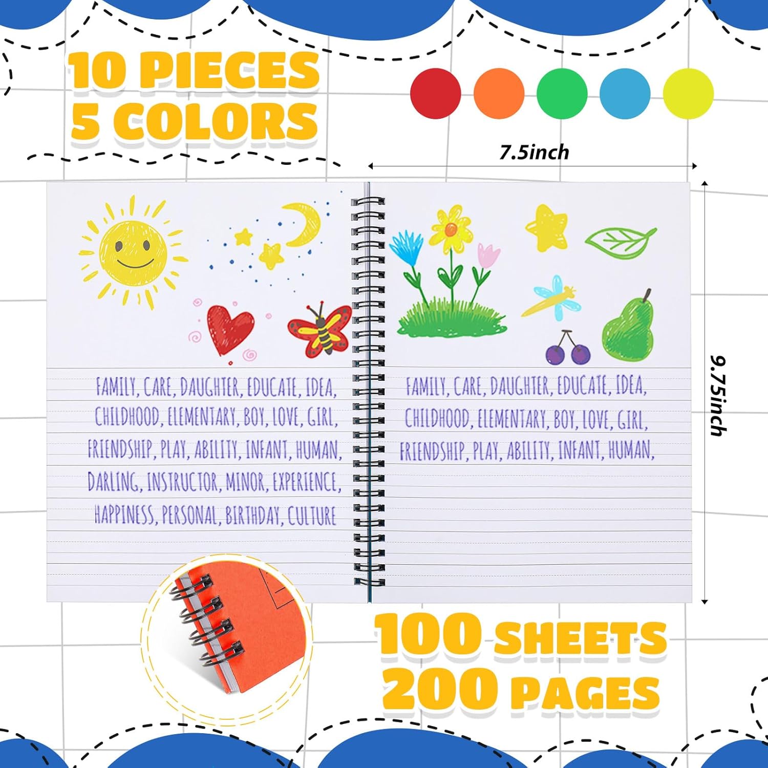 Henoyso 10 Pack Primary Composition Notebook for Kids – 100 Sheets, Spiral Bound, Handwriting & Drawing Journal, Ideal for K-2 Students, Back to School Supplies, Bright Covers