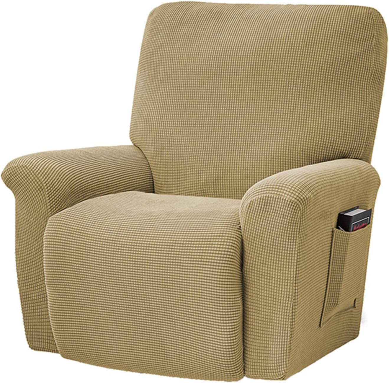 Stylish Recliner Slipcover, Stretch Soft Recliner Cover 4 Pieces Recliner Couch Cover with Elastic Side Pocket Recliner Couch Cover for Living Room-Coffee