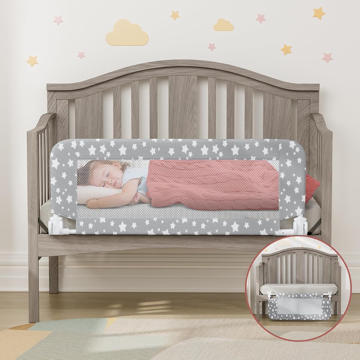 Crib Rail Guard for Toddlers - 35.4" Toddler Bed Rails Convertible Safety Side Protector Swing Down Mesh Breathable Bed Barriers with Reinforced Anchor Safety