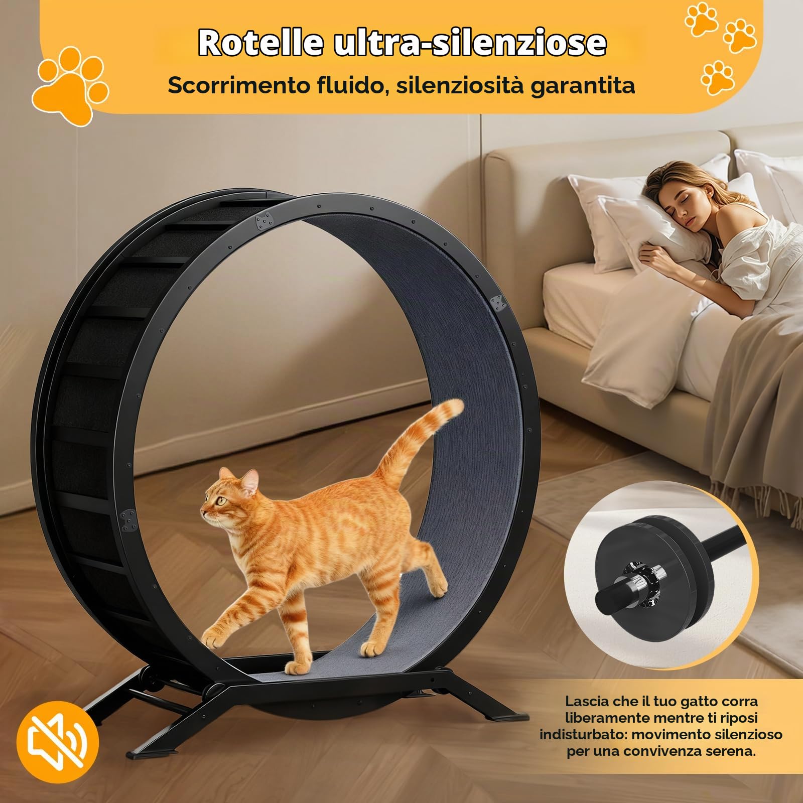GTPLAYER Ruota per gatti, ruota per esercizi per gatti, XL- 100 cm, ultra silenziosa con tappetino rimovibile, adesivi, sistema di bloccaggio, metallo, nero, regali per il vostro gatto