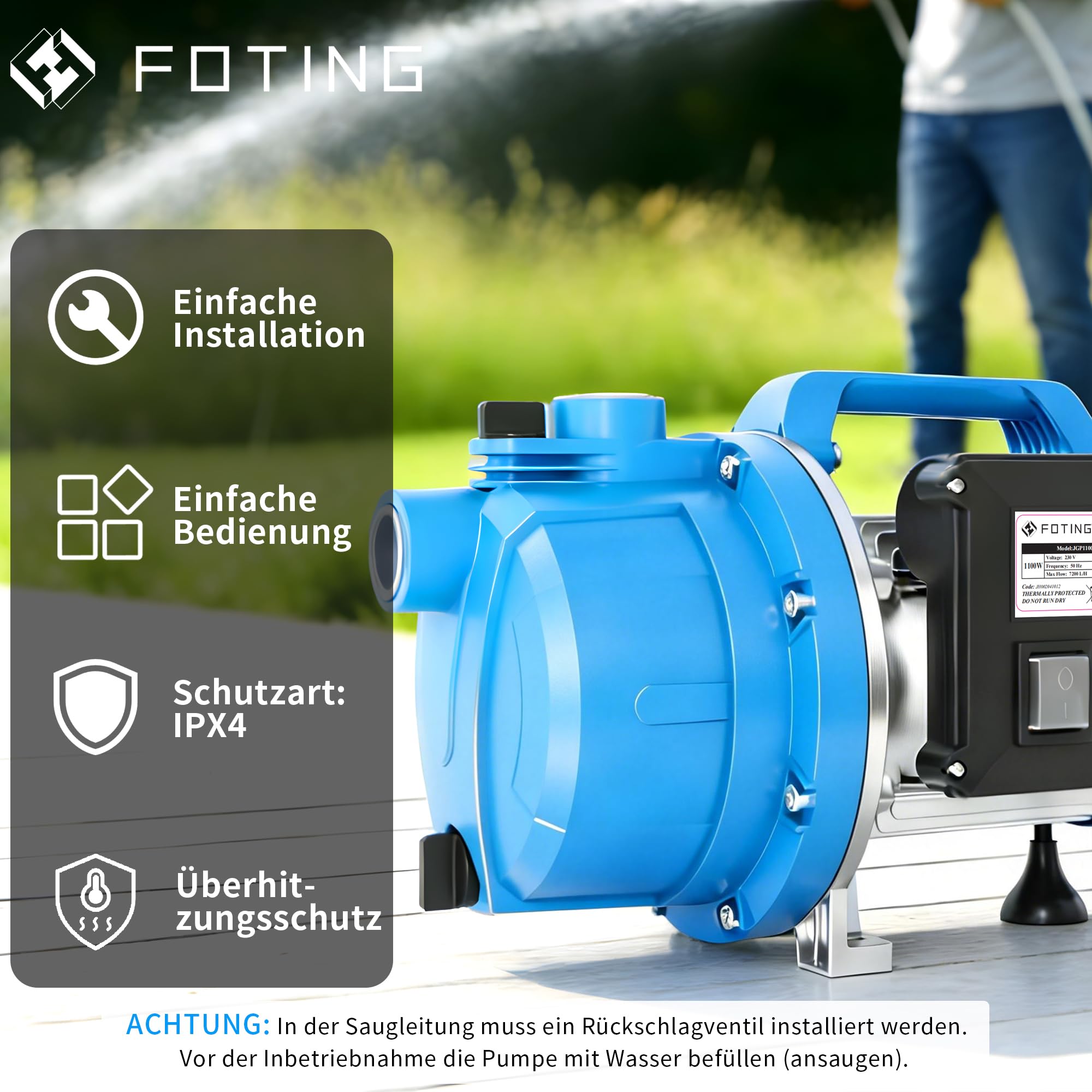 2026 New Gartenpumpe 1100 W, max. 7.200 l/h, max. 4,5 bar, max. 50 m Förderhöhe, mit Tragegriff & Entleerungsventil, Überhitzungsschutz, G1" Saug-/Druckanschluss