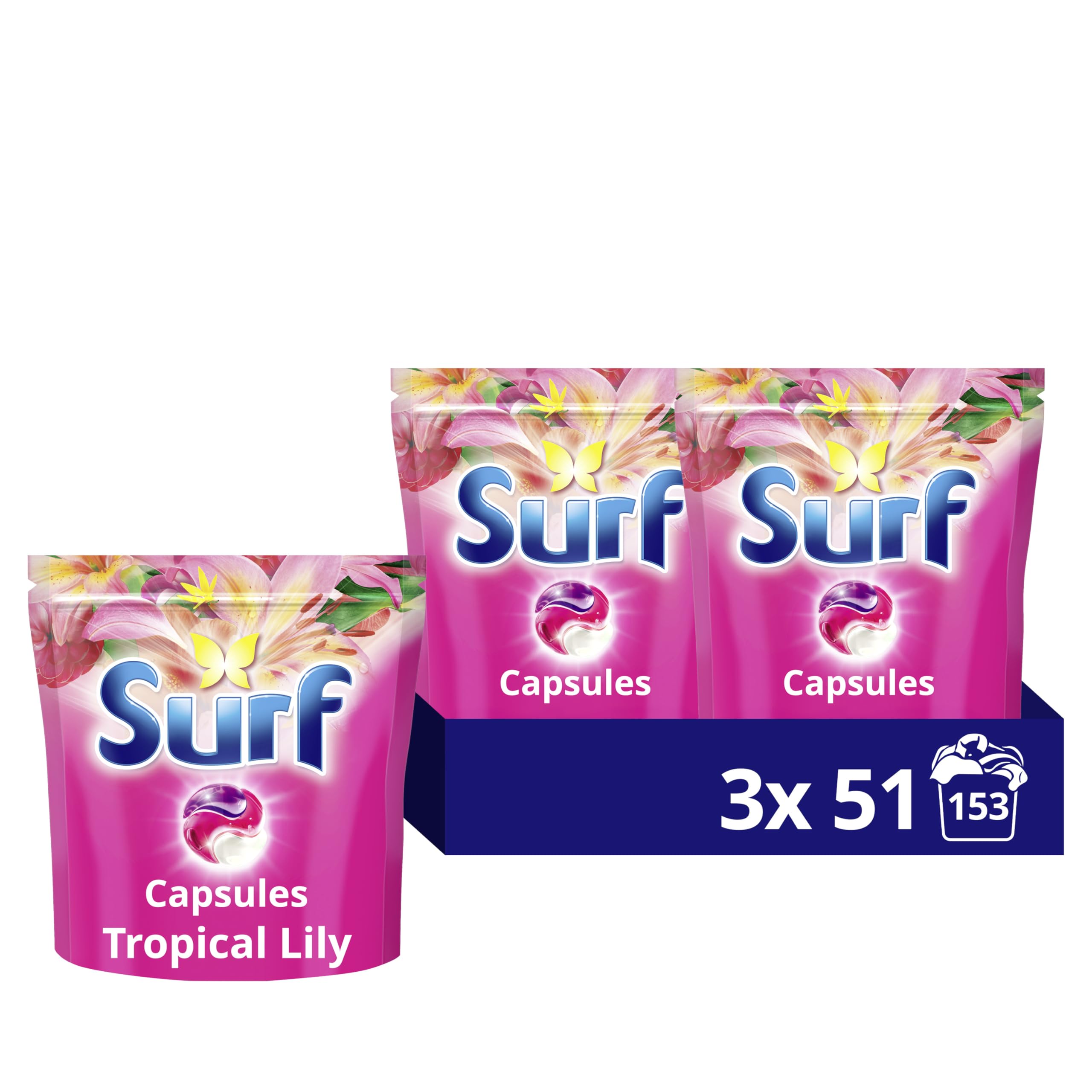 Surf 3 in 1 Tropical Lily Laundry Washing Detergent Capsules joy-infused fragrance with natural essential oils lasting up to 12 hours in wear for brilliantly clean results 153 washes (3x 51)