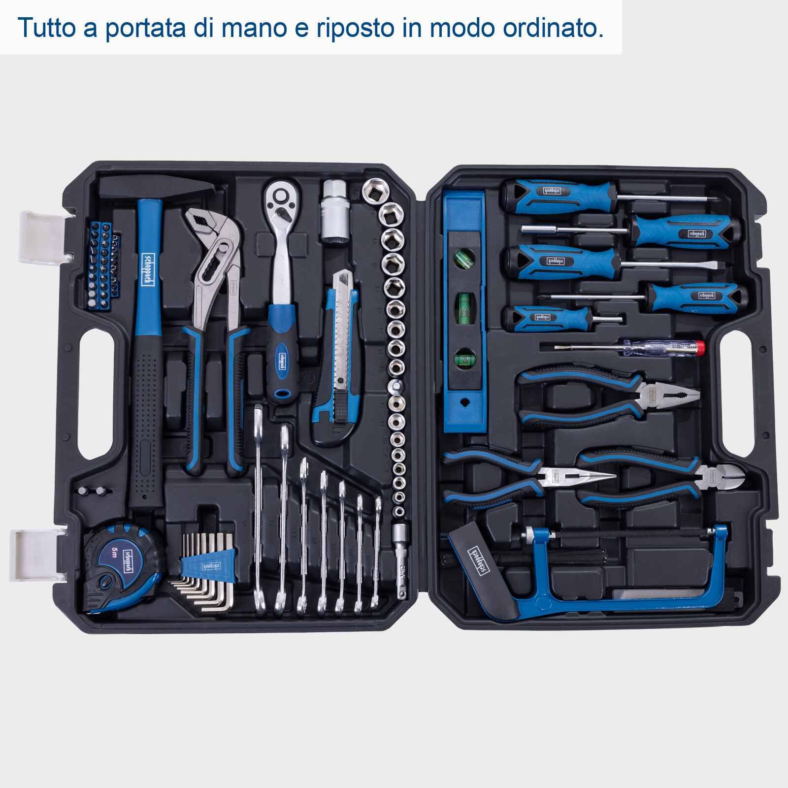 Scheppach cassetta degli attrezzi WZK120 | Set di utensili da 97pezzi in una robusta valigetta in plastica | Utensili con impugnatura gommata | Inserti bit, cacciaviti bussole esagonali e molto altro.