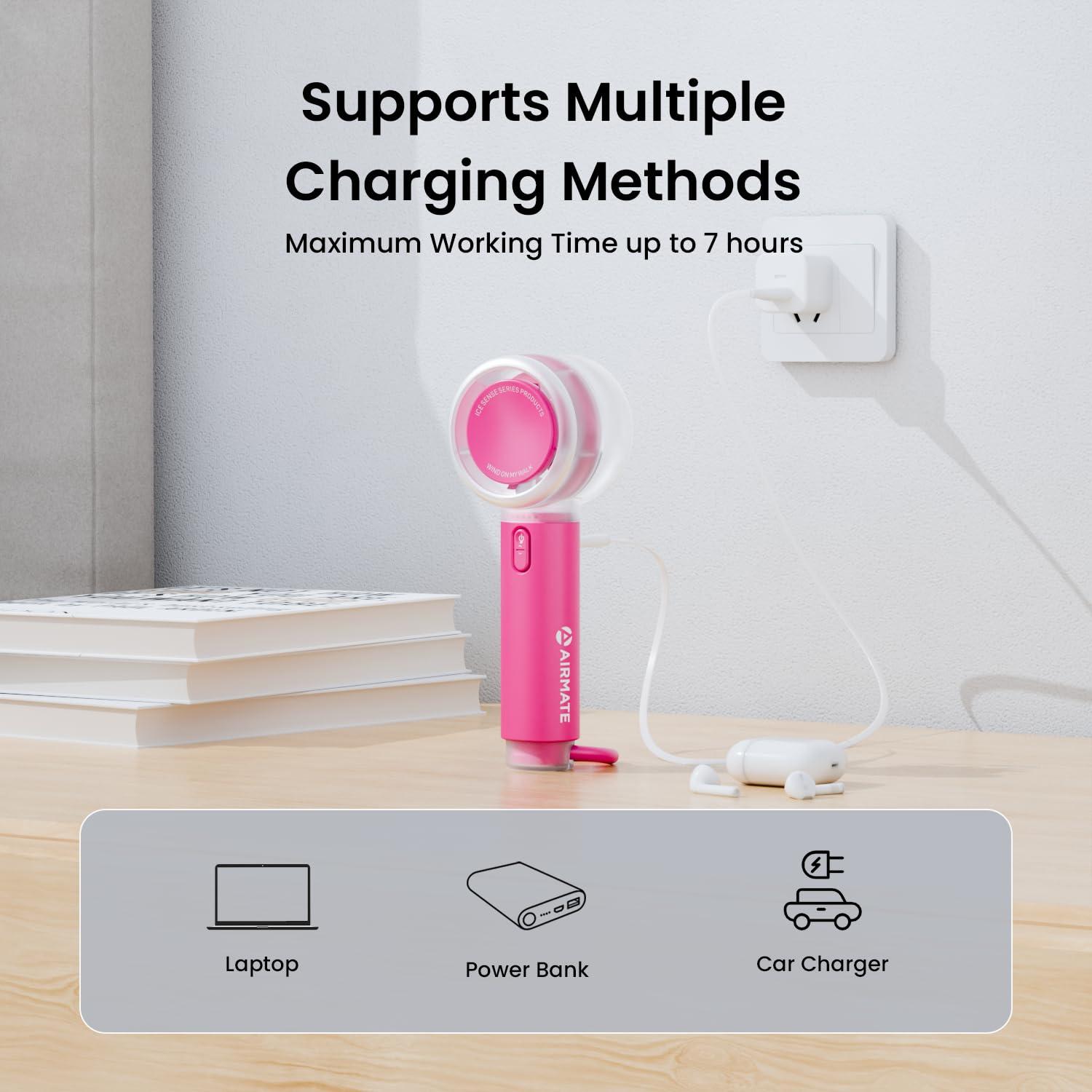 AIRMATE fan being charged via various methods: laptop, power bank, and car charger.
