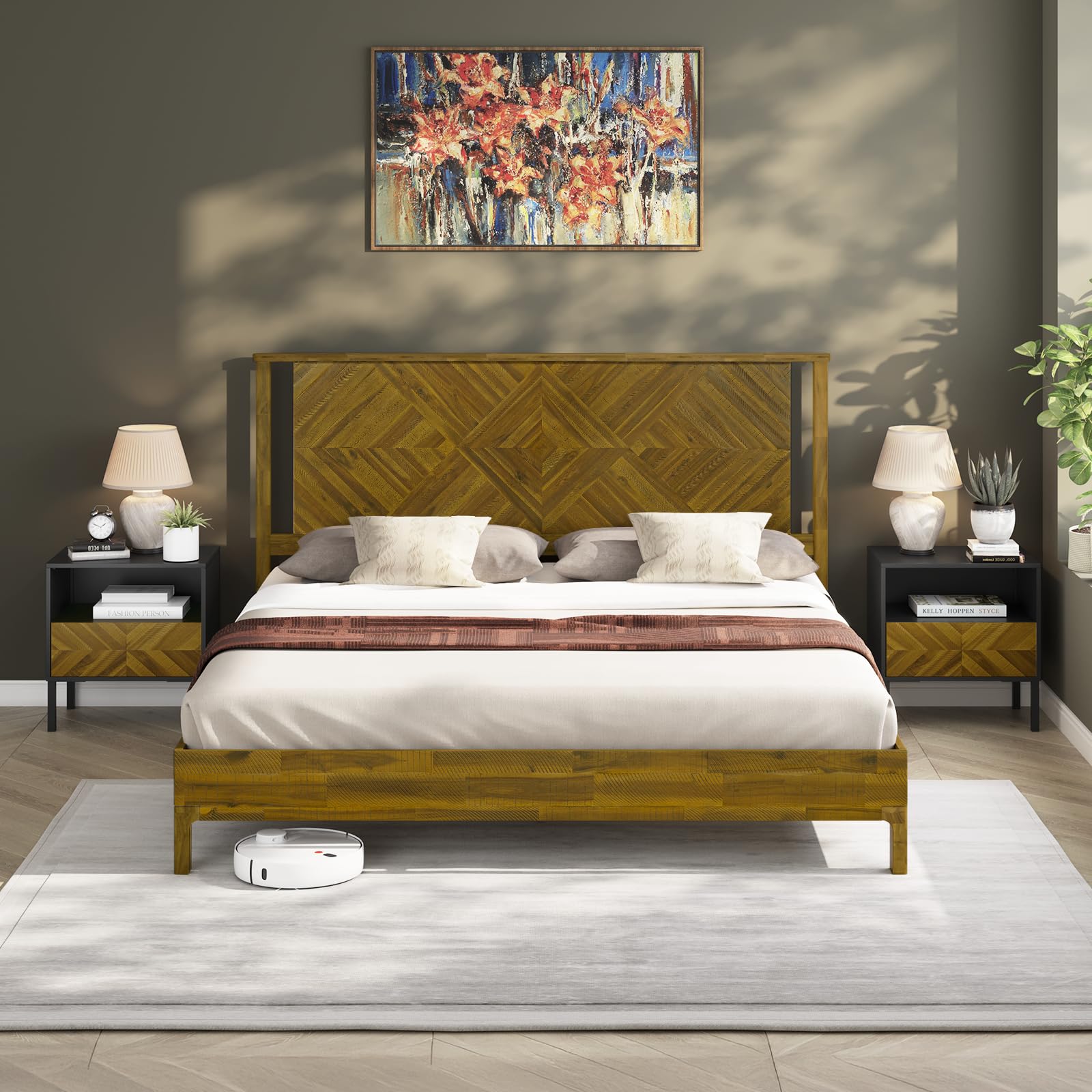 Bme Ethan Solid Wood King Bed Frame with Diamond Headboard - Rustic & Mid-Century Modern - Acacia Wood Platform Bed - Compatible with All Mattresses - No Box Spring Needed - Rustic Dark Brown