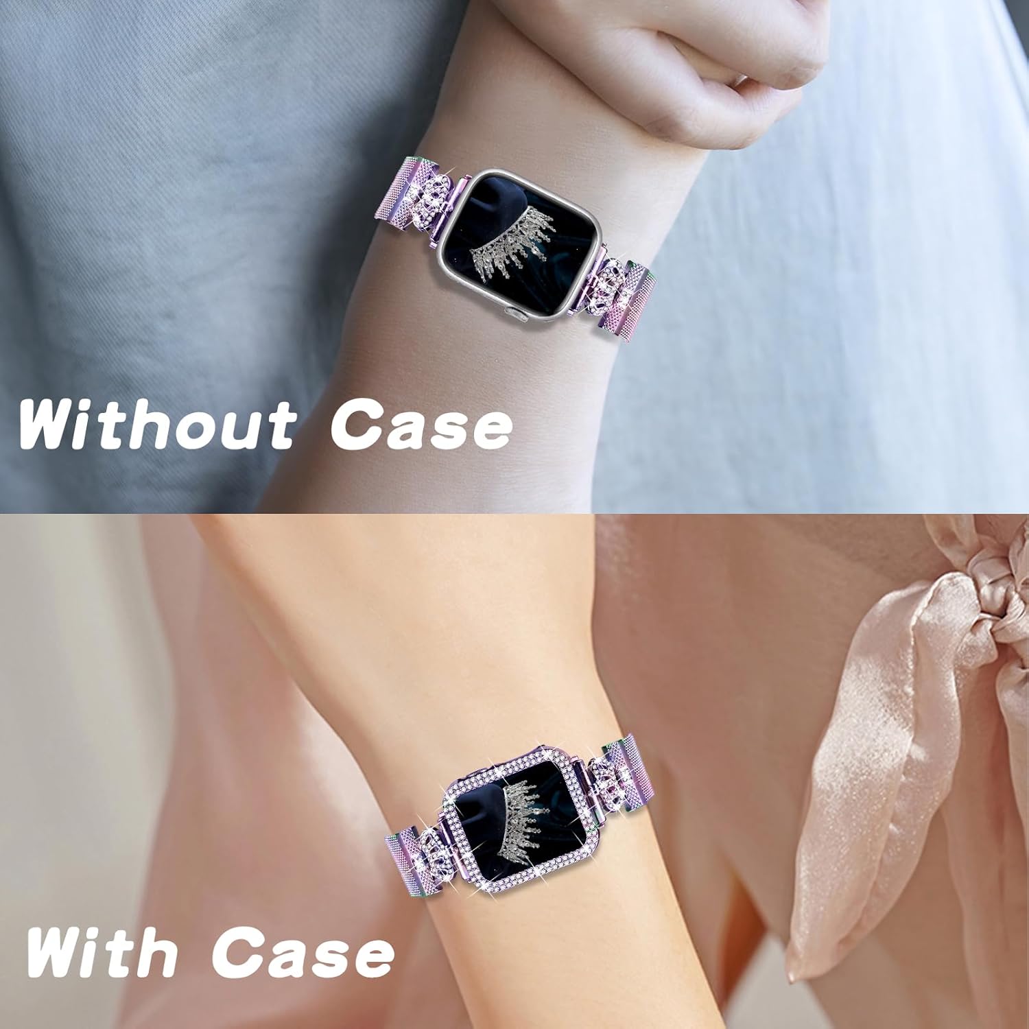 Magnetic Band Compatible with Apple Watch 38mm 40mm 41mm 42mm 44mm 45mm 46mm Stainless Steel Metal Strap with Bling Case and Built-in Screen Protector, Dressy Milanese Loop iWatch Bands for Women - Image 5