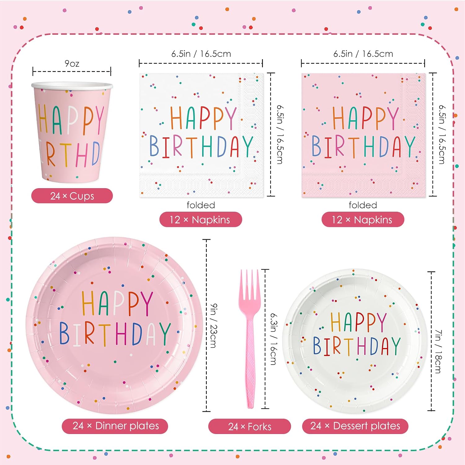 Pink Birthday Party Paper Plates Napkins Cups Forks Dinnerware Set Disposable Serve 24