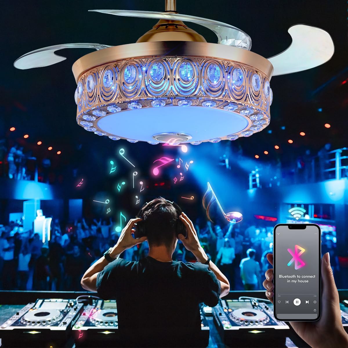 A Million Modern Fandelier Ceiling Fan with Light and Remote, 42”Gold Retractable Chandelier Ceiling Fans with Bluetooth Speaker 3 Speeds RGB LED Light Crystal Fandeliers for Dining Room Bedroom