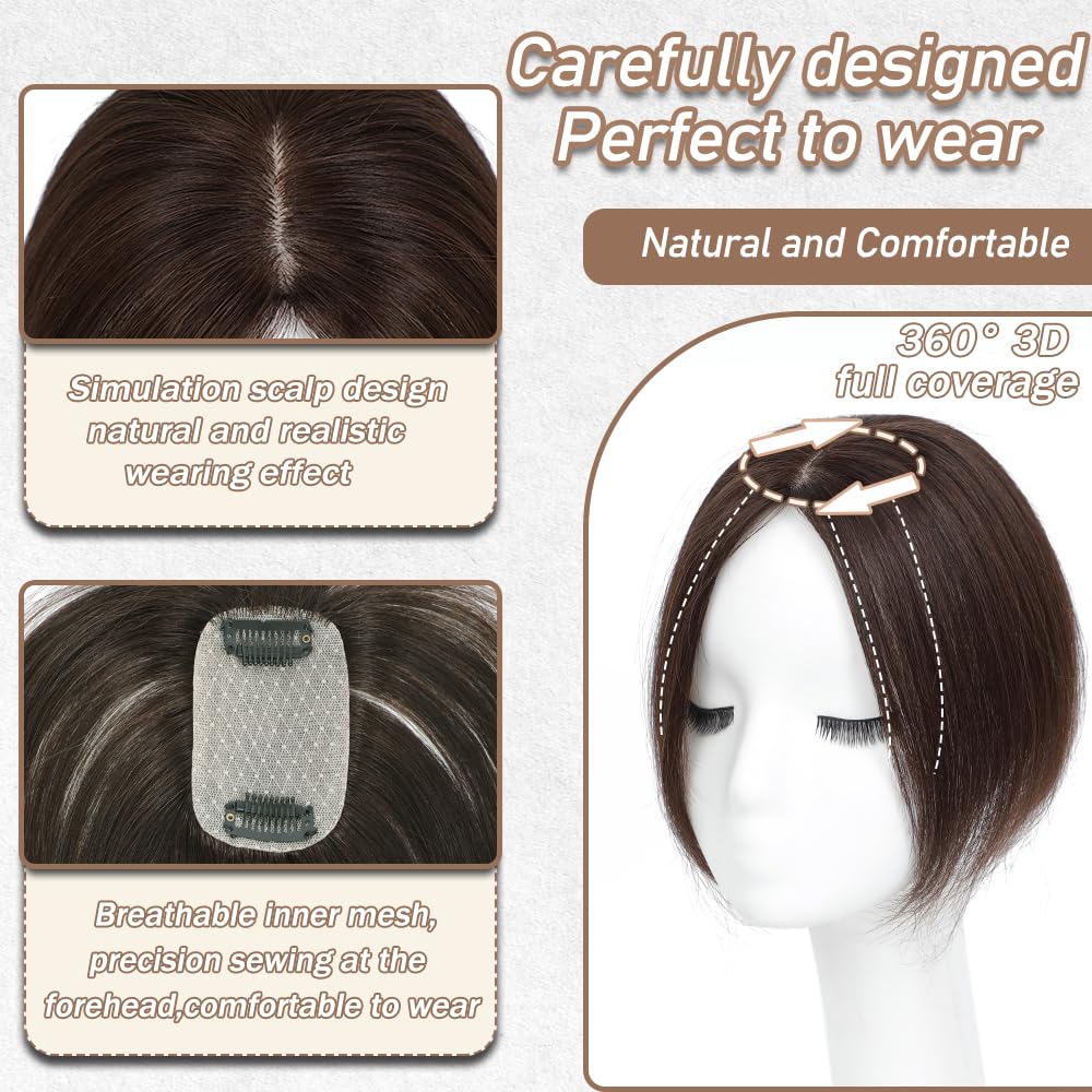 Hair Toppers for Women Real Human Hair,360°3D Big Basement Cover Topper for Women with Thinning Crown with Wispy Clip in Bangs Realistic Scalp (Mocha Brown, 3D Side Bangs 5x9)