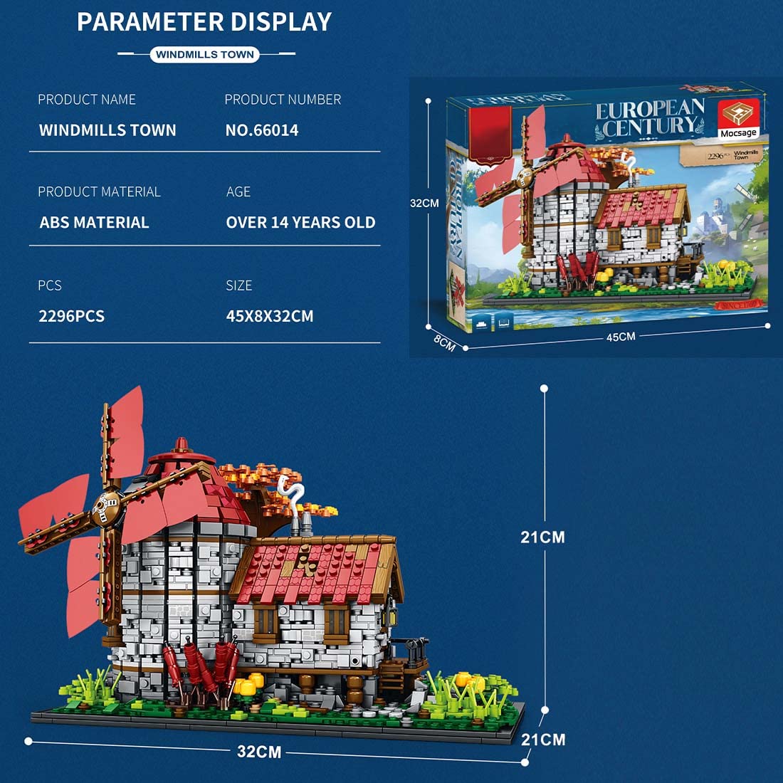 Windmühlen Klemmbausteine Set, Modular Mittelalterliche Landschaften Niederländische Windmühle MOC Architektur Bausteine, Geschenke Erwachsene und Jugendliche (2296 Teile)