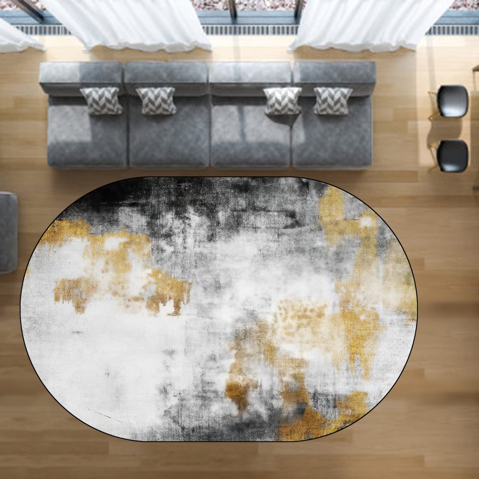Tapis ovale jaune 120x160 cm avec motif décoratif pour salon et chambre