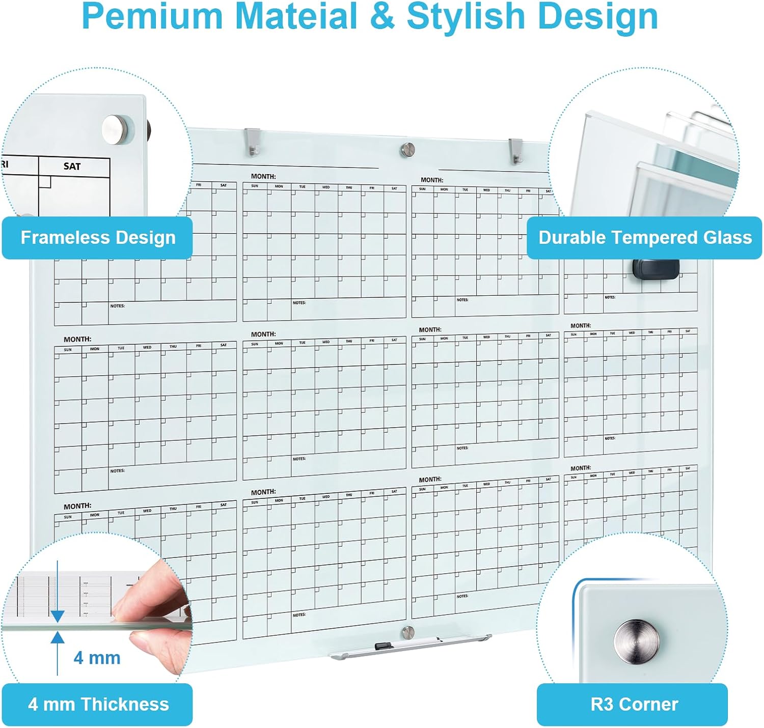 Large Glass Dry Ease Calendar for Wall, 72 x 48 Inches Magnetic Glass Yearly Calendar Whiteboard, 6' x 4' Frameless Planner Board for Office, Home, School