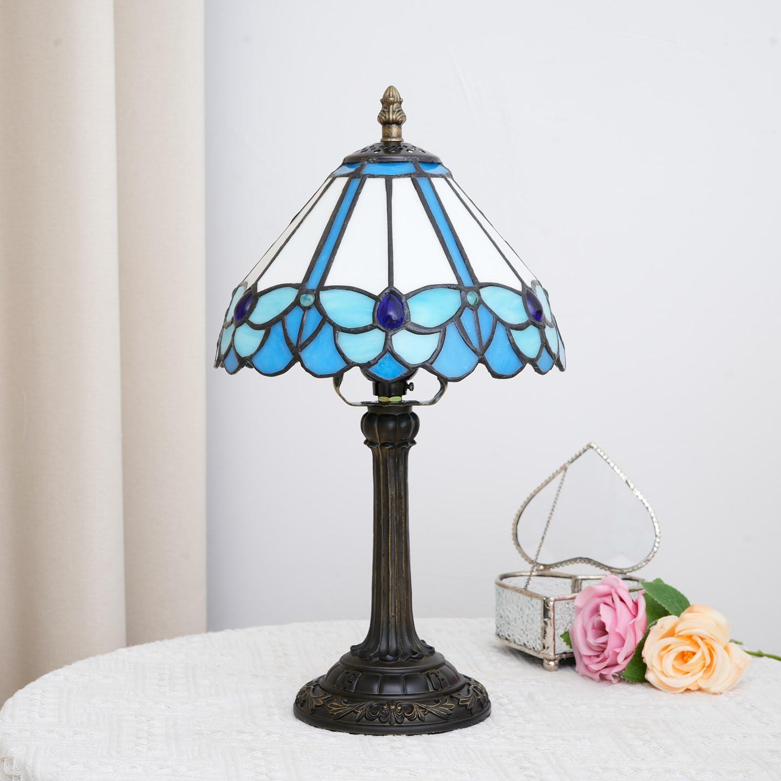 Tiffany lampa niebieska w stylu motyla, lampa do czytania, 8 x 8 x 14 cali, do sypialni, stolik nocny, lampka nocna, do domu, biura, lampa na biurko z żarówką LED