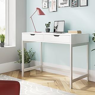 HOOSENG Computer Desk, Dressing Table with 2 Drawers 100cm Work Table Home Office Table Workstation for Office Living Room, Industrial Style, White
