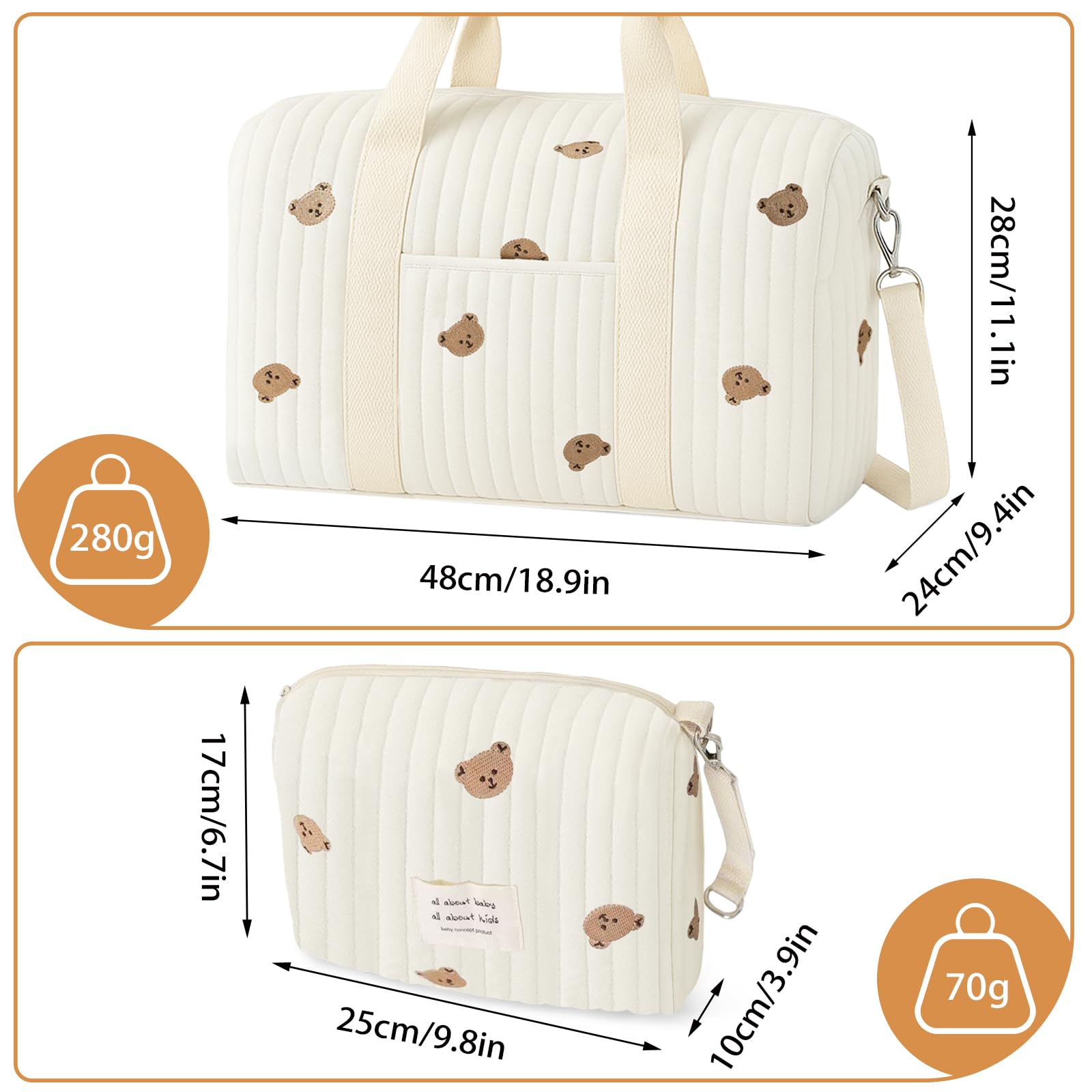 Sac a Langer Sac Maternité Grande, Change Bebe Mommy Bag Matelassé, Voyage pour Bébé, Mommy Bag en Coton Brodé, Idéal pour Accouchement à l’Hôpital, Voyage & Poussette