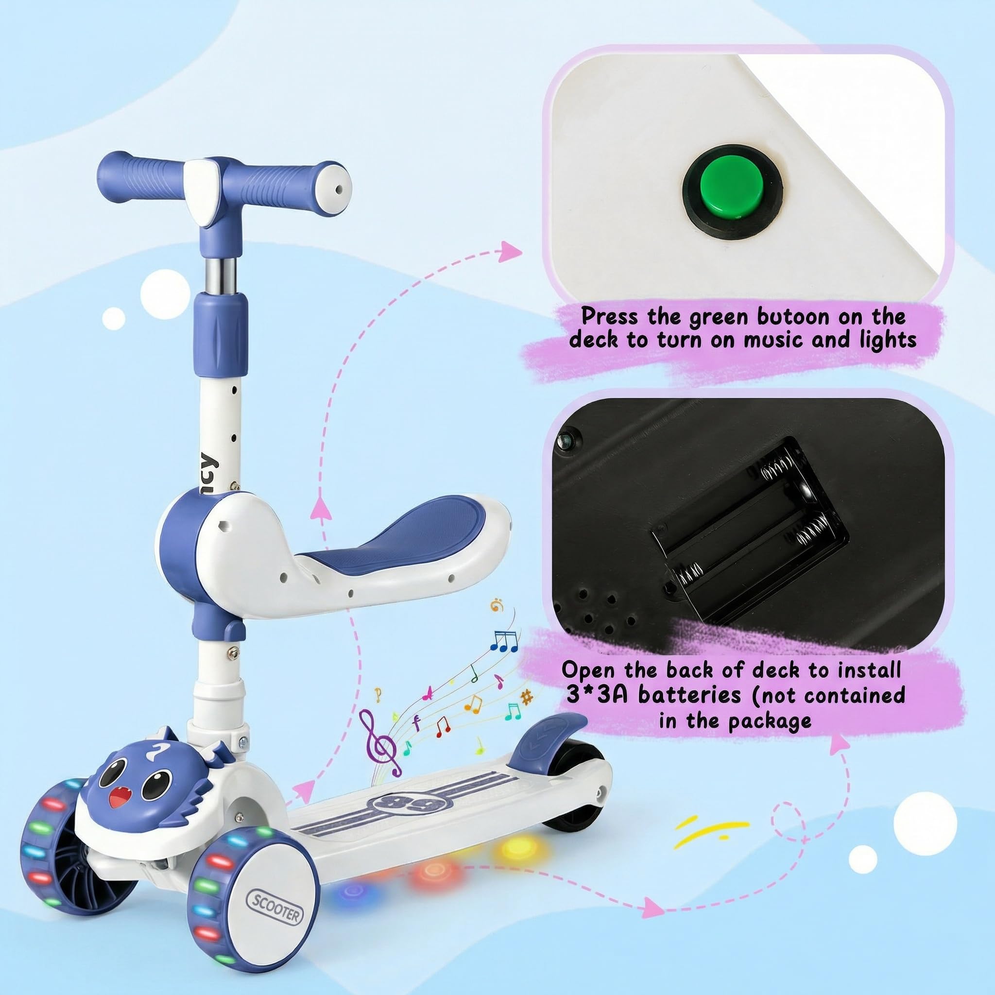 Patinete de 3 ruedas para niños de 2 a 8 años 2 en 1 con asiento desmontable, ruedas plegables con música y ruedas luminosas, altura ajustable, desplazable por cambio de peso